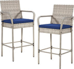 ECOTOUGE Set of 2 Patio Rattan Barstools, All-Weather Wicker Bar Height Chairs with Armrest & Backrest, Soft Cushion, Footrests, Outdoor Furniture for Backyard, Pool, Garden, Grey