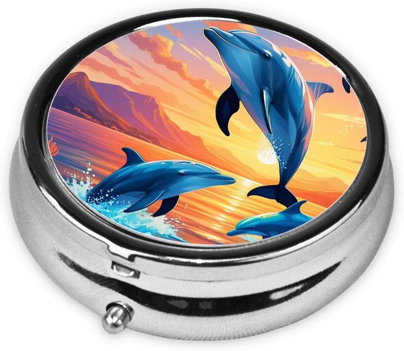 ZhongGuo Dolphins in The sea Printed Pill Organizer,Round Travel Pill Organizer Mini Medicine Pill Box for Purse Iron Plating