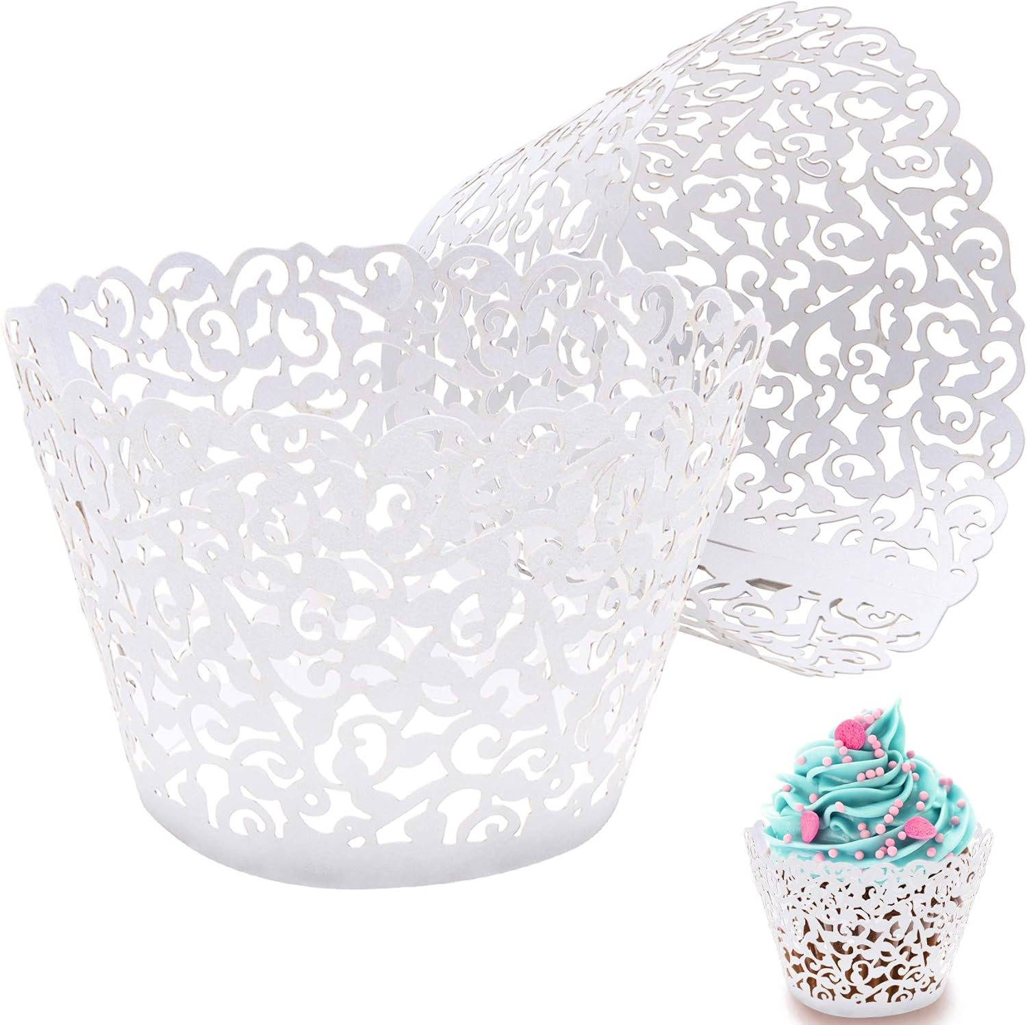 50 pcs White Cupcake Wrappers Lace Baking Cups Cupcake Liners for Baking Laser Cut Cupcake Papers Cupcake Cups Cases for Wedding/Birthday Party Decoration