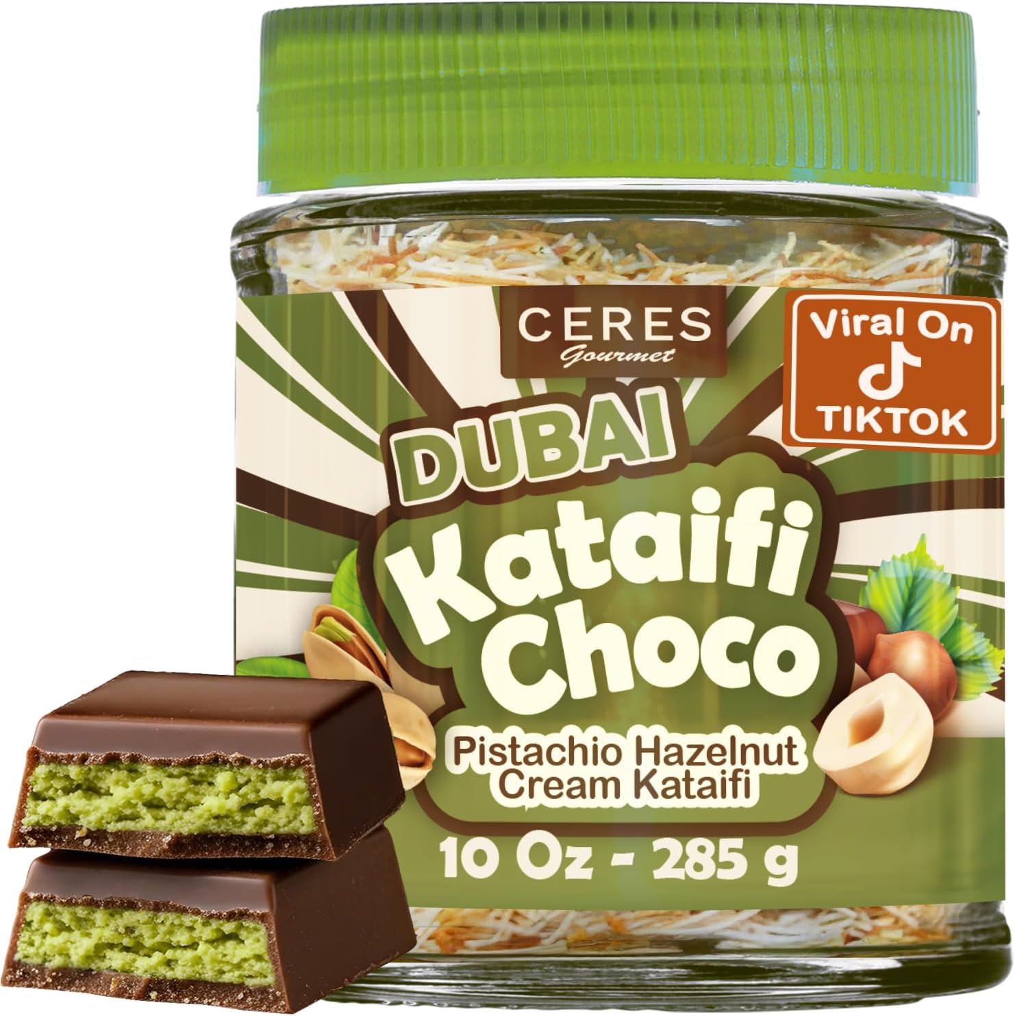 Ceres Gourmet Dubai Spreadable Chocolate– Pistachio Spread with Roasted Phyllo Kataifi, Gourmet Breakfast Choco, Crunchy Dubai Filling (9.7 Oz)