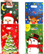 QIFU 50 Pcs Christmas Gift Bags with Handles - 4 Styles Christmas Trees Santa Claus Snowman Elk Plastic Bulk Treat Tote Cookie Goody Candy Snack Bags for Winter Xmas Holiday Party Decorations Favors