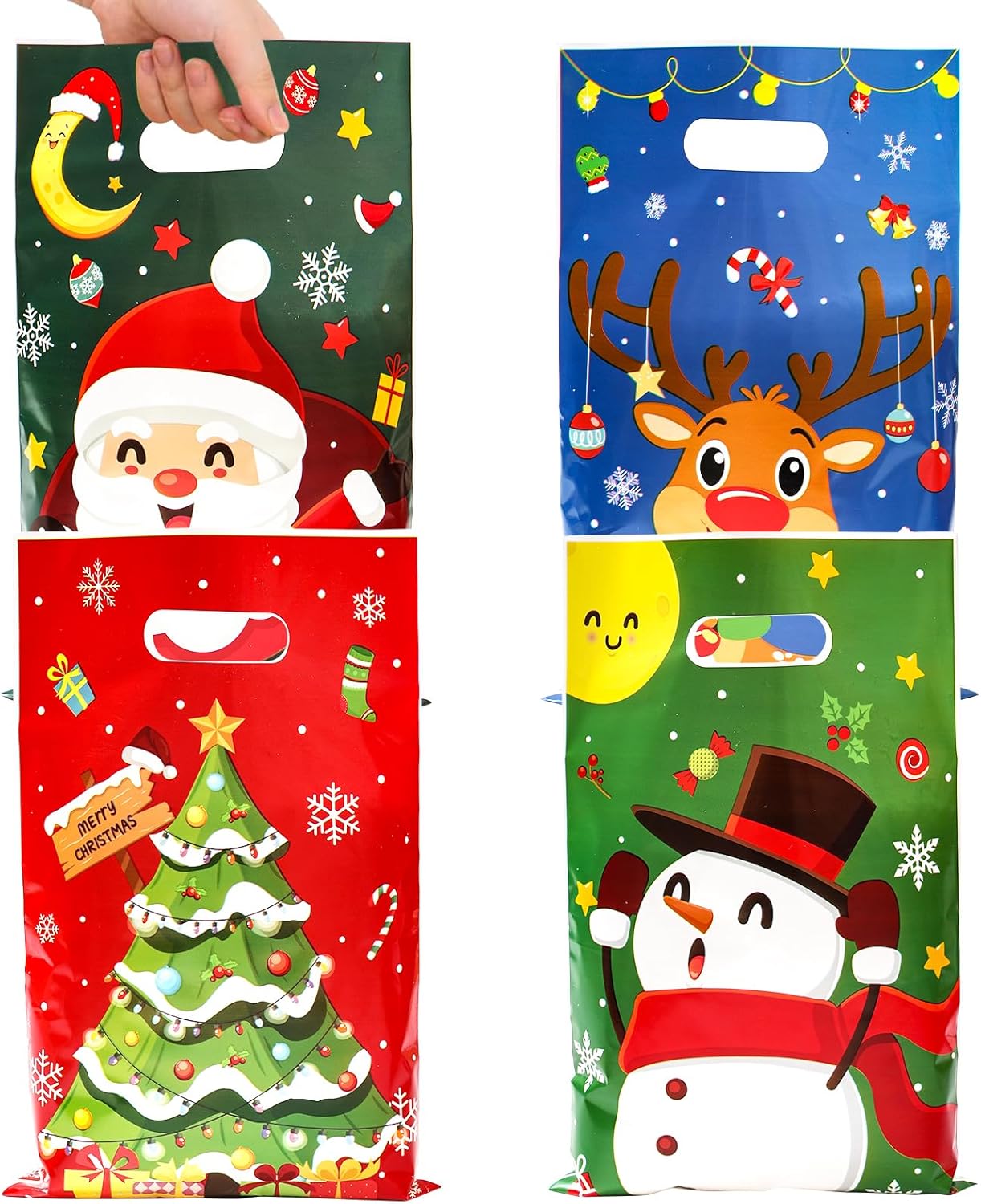 QIFU 50 Pcs Christmas Gift Bags with Handles - 4 Styles Christmas Trees Santa Claus Snowman Elk Plastic Bulk Treat Tote Cookie Goody Candy Snack Bags for Winter Xmas Holiday Party Decorations Favors