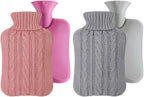 2pcs Rubber Hot Water Bottle with Knitted Cover, Warm Water Heat Bottles for Menstrual Cramps, Pain Relief, Winter Gift 2 Liter (Grey, Pink)