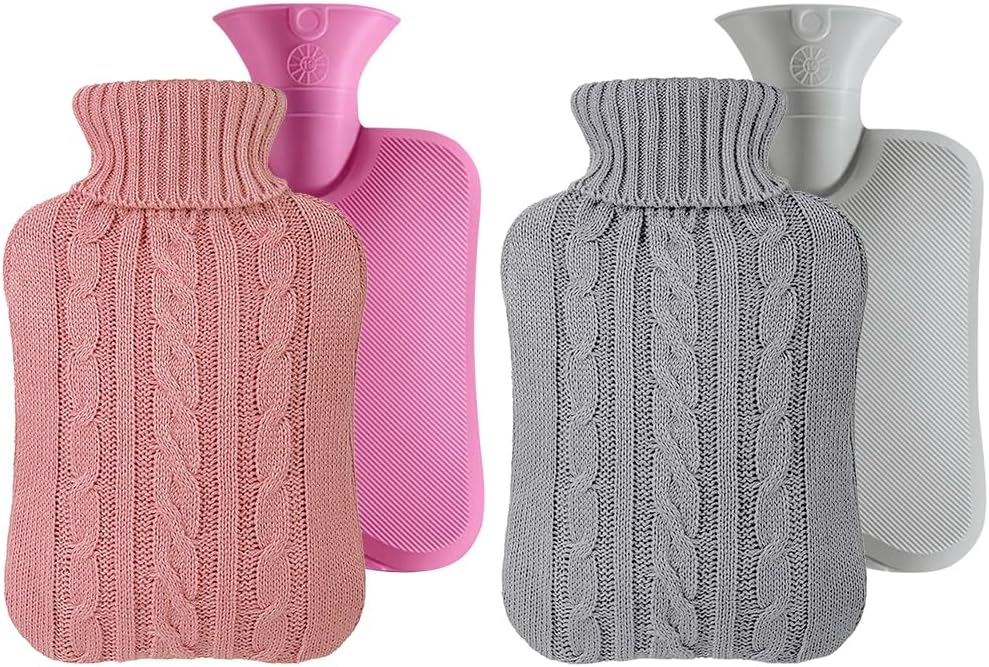 2pcs Rubber Hot Water Bottle with Knitted Cover, Warm Water Heat Bottles for Menstrual Cramps, Pain Relief, Winter Gift 2 Liter (Grey, Pink)