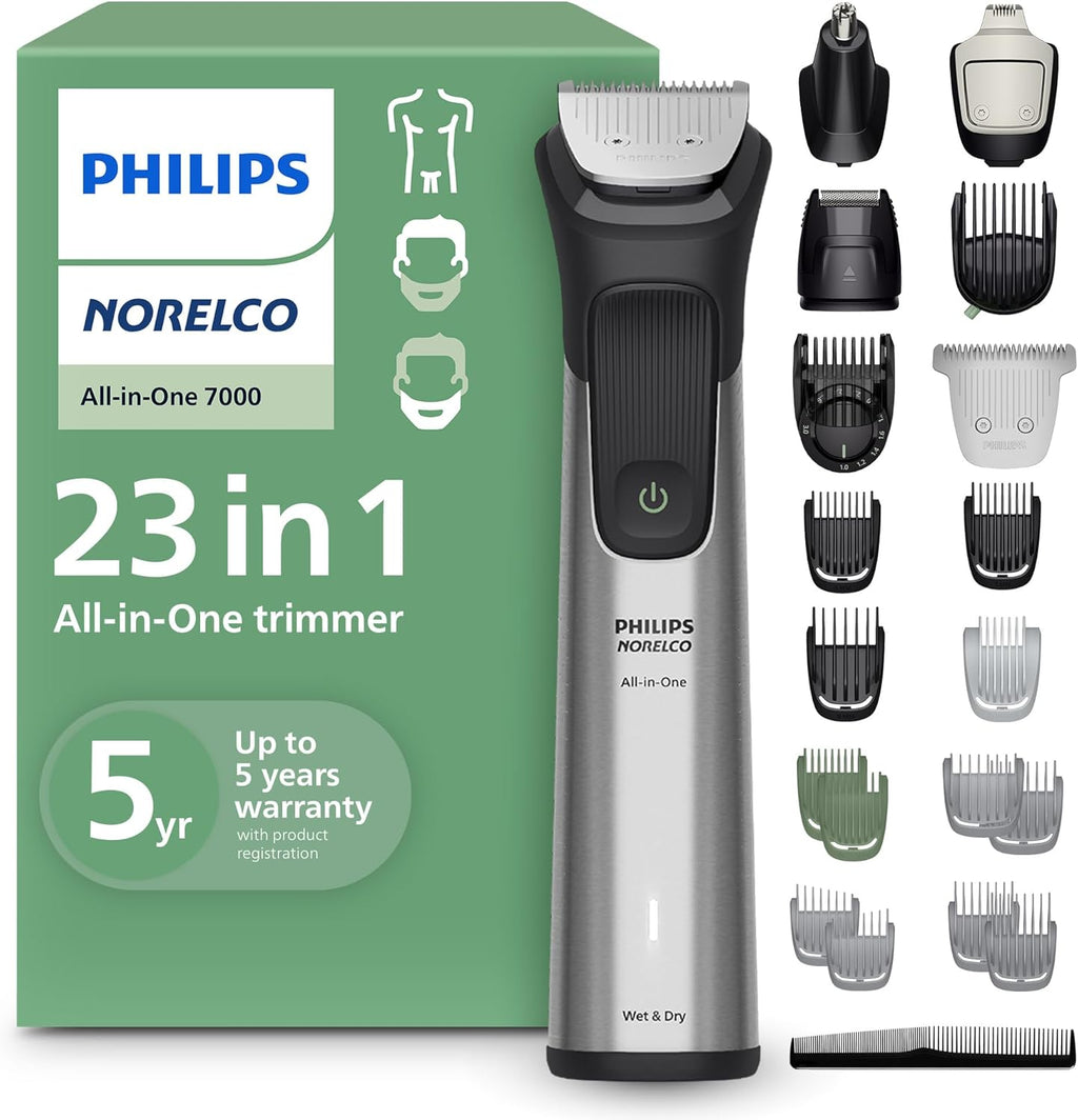 Norelco Philips All-in-One Series 7000 23-Piece Trimmer - Electric Shaver and Clipper for Face, Beard, Head & Body, Self-Sharpening Titanium Blades, 26 Length Settings (0.5-16 mm), MG7970/49