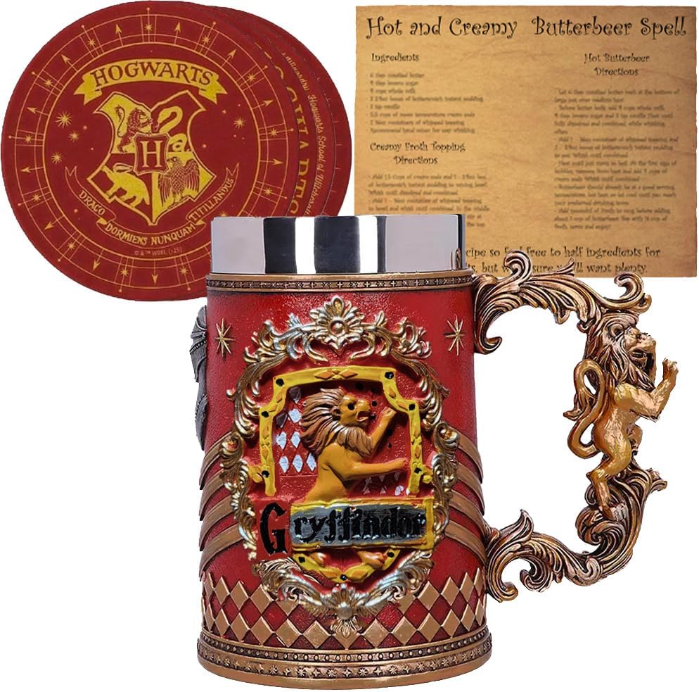 Butterbeer Bundle Includes – 1 HP Gryffindor Decorative Goblet – Wizard School House Coaster Set of 4 – 1 Ultimate Butterbeer Recipe