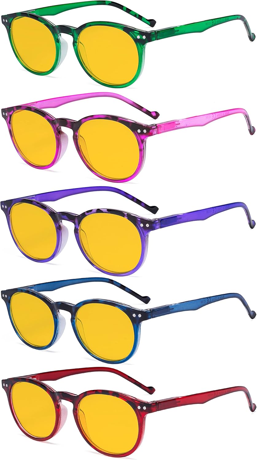 Eyekepper 5 Pack Fashionable Blue Light Filter Glasses Women - Anti Digital Glare Oval Round Computer Reading Glasses Amber Tinted +2.00