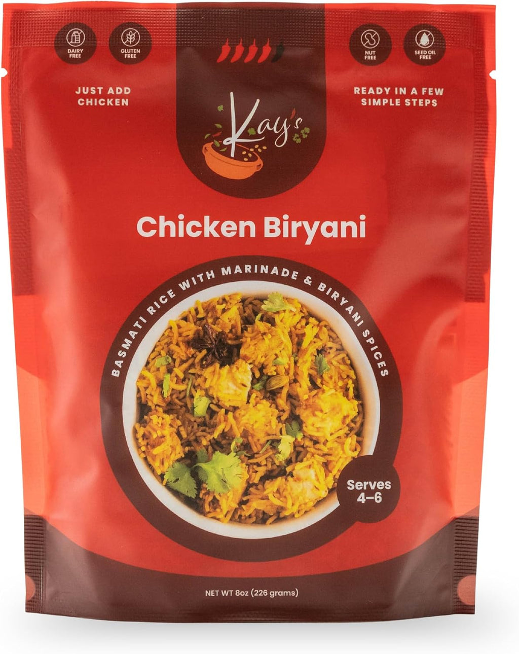Kay’s Curries Chicken Biryani Meal Kit with Premium Basmati Rice and Authentic Indian Spice Blend, Gluten-Free and Nut-Free One-Pot Dinner for Busy Families and Food Lovers, 4-6 Servings