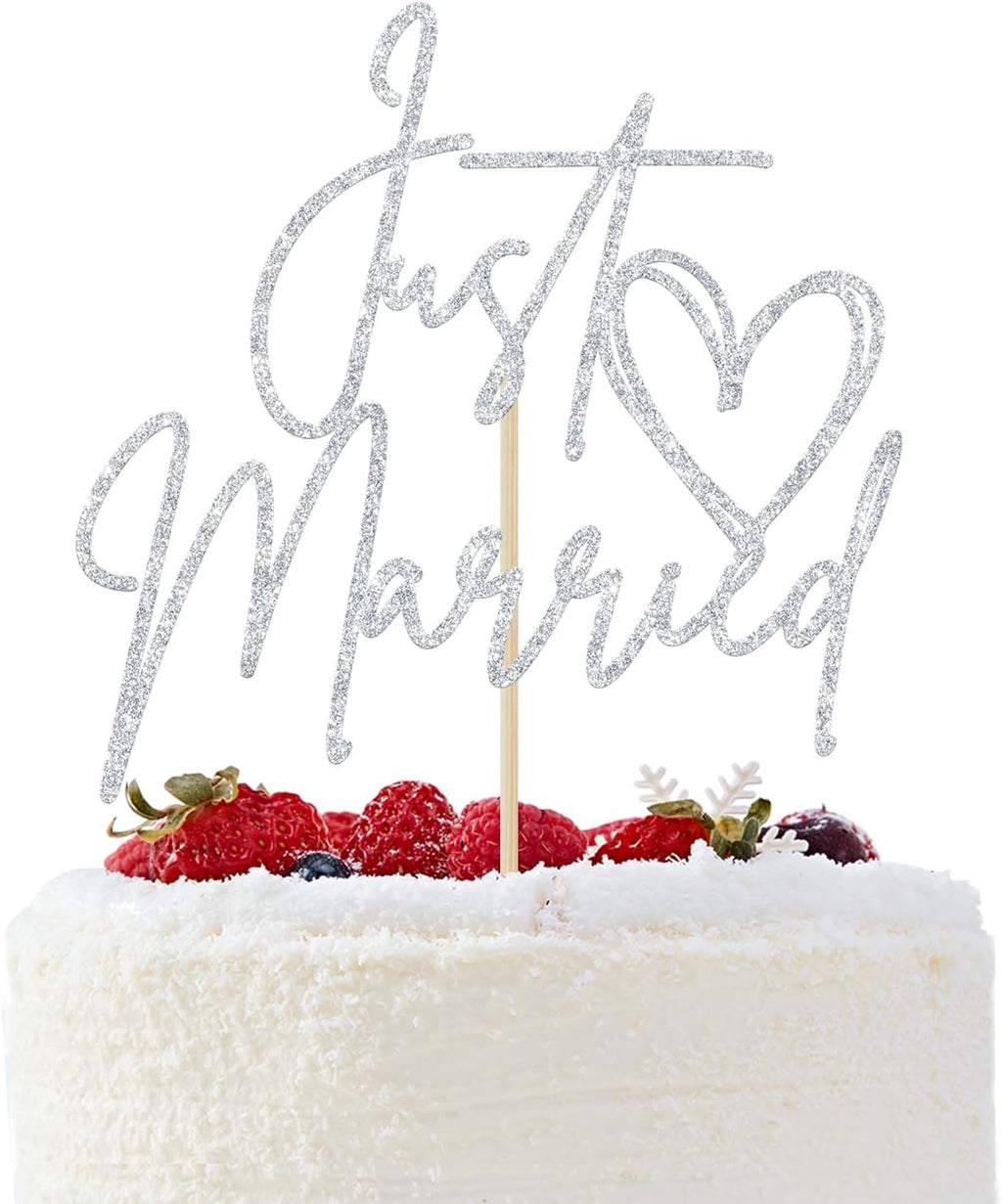 Just Married Cake Topper, Wedding Cake Decor,Just Engaged, Bride to Be, Bridal Shower Wedding Engagement Bachelorette Party Decorations (Silver Glitter)