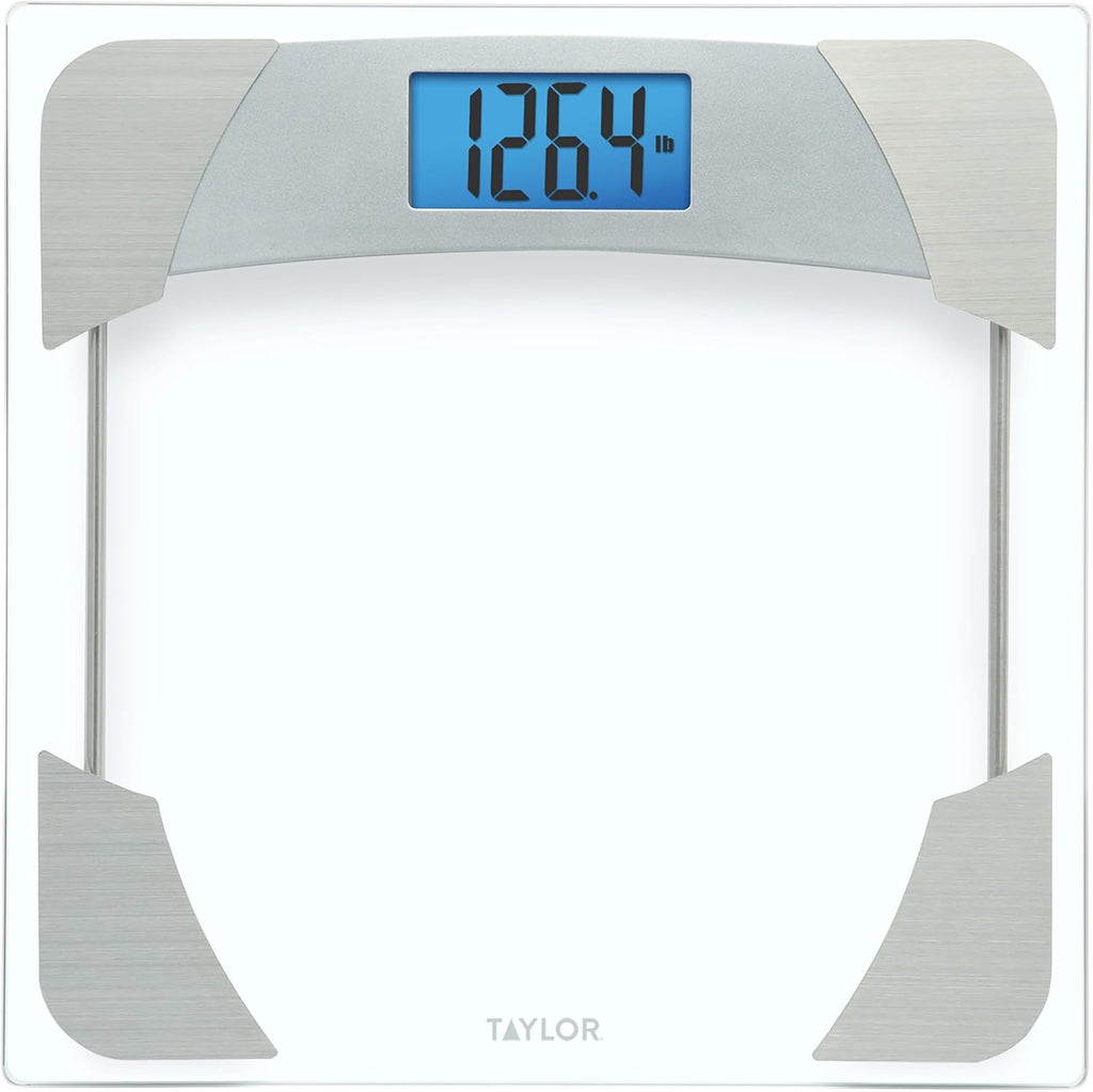 Taylor Digital Scales for Body Weight, 400 LB Capacity, Unique Blue LCD, Stainless Steel Accents, Glass Platform, 12.2 x 12.2 Inches, Clear