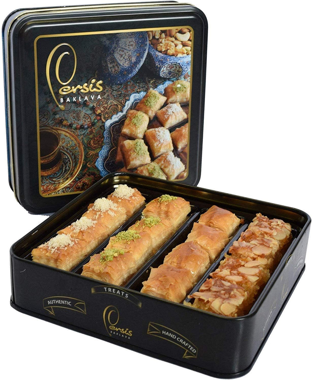 Persis 13 Oz (370g) Vegan Baklava Gift Box | Christmas, New Year Sweets | Baklava Pastry with Cashew, Almond, Walnut, Pistachio | Vegan Pastry | Baclava Gift Set in Luxury Embossed Tin (16 Pieces)
