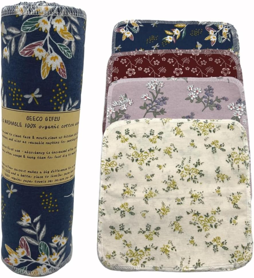 Reusable Paper Towel Rolls 20 Pack,Washable Napkin Cloth Value Set of 4 Colors 20 Pack of Paperless Towel-100% Cotton, Super Soft, Absorbent Made to Last (Floral)