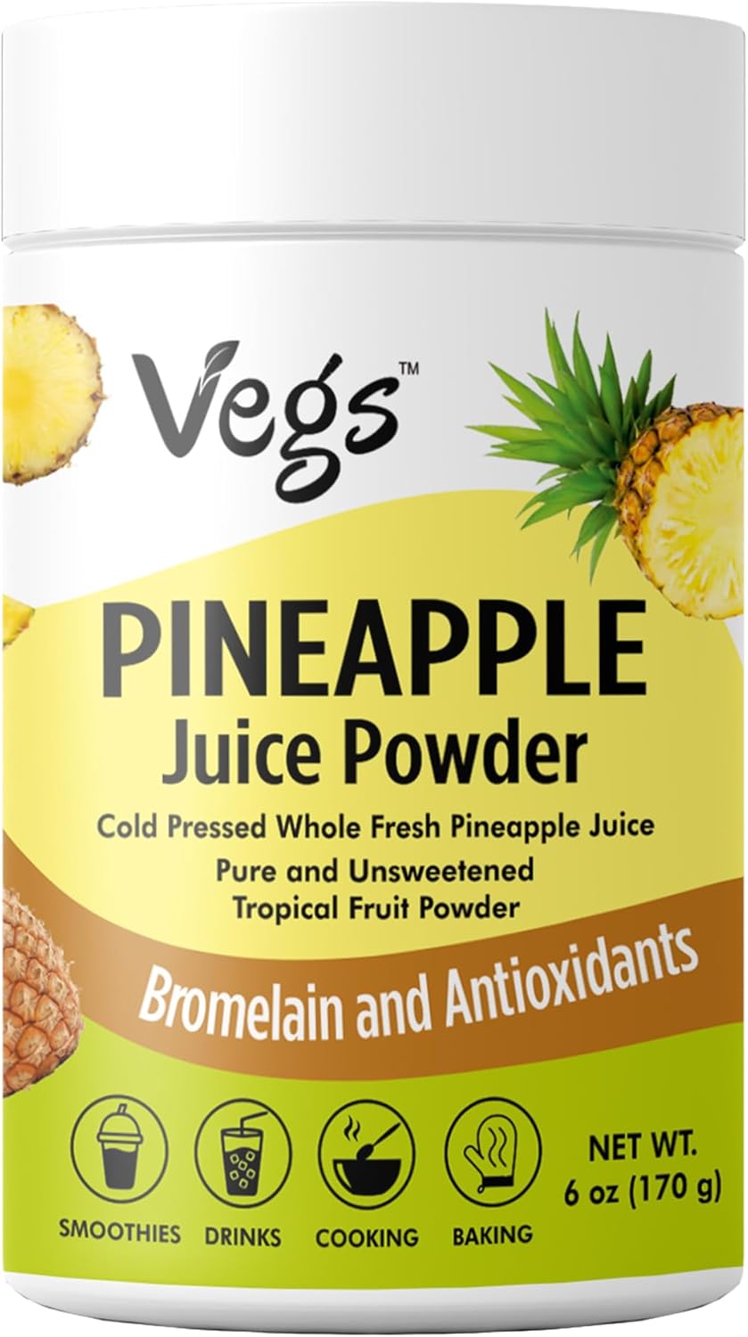 Vegs Pineapple Juice Powder - Freeze Dried Organic Pineapple Powder with Bromelain & Antioxidants - Sugar-Free Cold Pressed Tropical Fruit - Smoothies, Drinks, Cooking, Baking - Vegan, Non-GMO - 6 oz