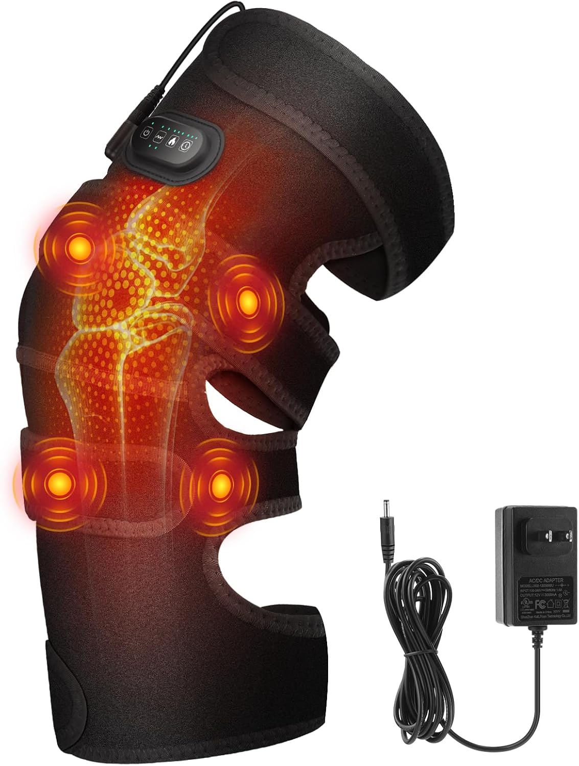 Extra-Large Heated Knee Massager with 4 Motor Vibration, Heating Pad Vibration for Pain Relief, Knee Brace Knee Wrap Adjustable 5 Massage Modes &3 Heated 12V Direct Plug Power Supply