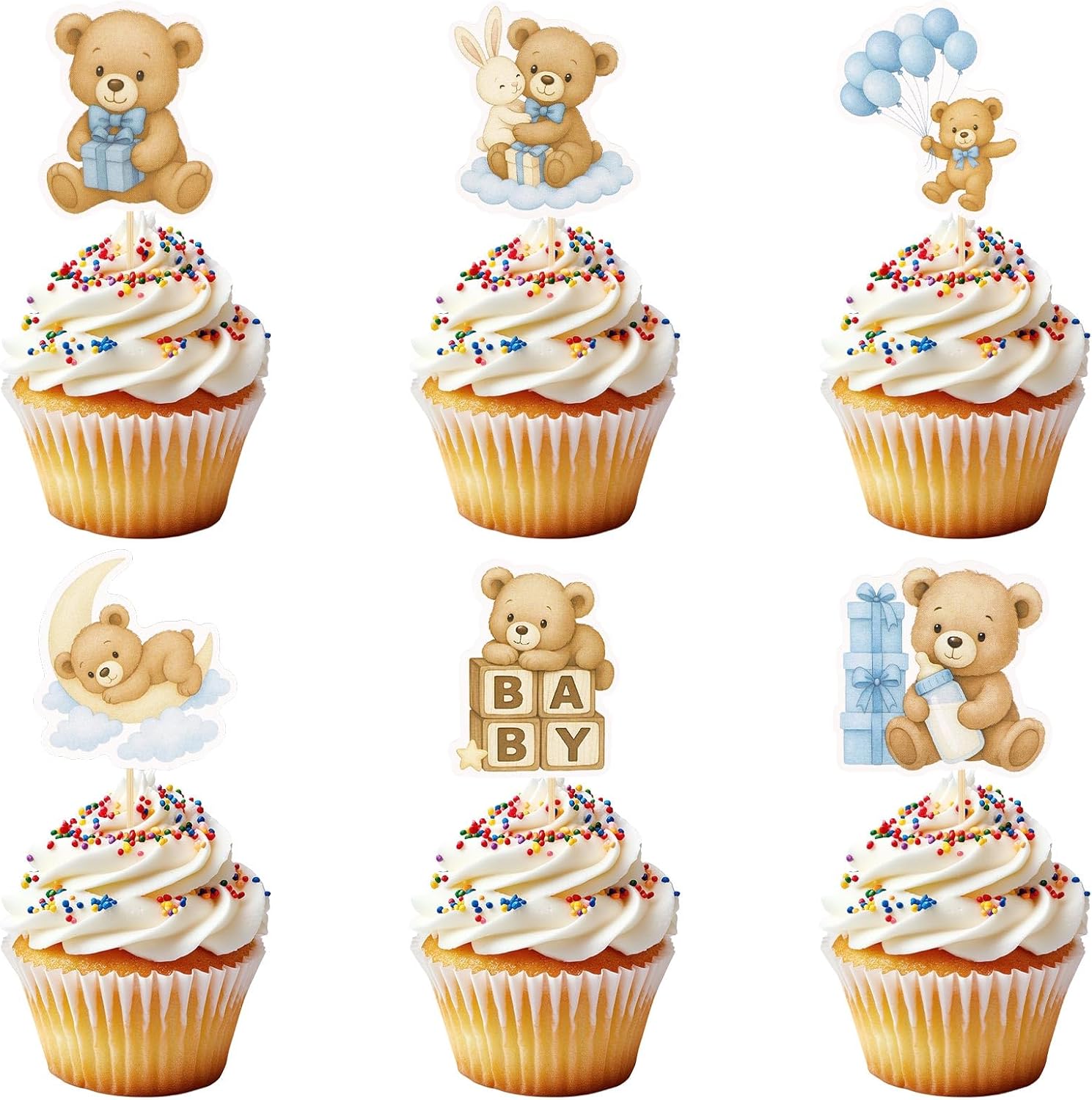 36pcs Baby Shower Bear Cupcake Toppers, 6 Designs Blue Bear Cupcake Picks Selection Jungle Animal Theme Cake Decorations for Baby Shower Gender Reveal Baptism Birthday Party Supplies