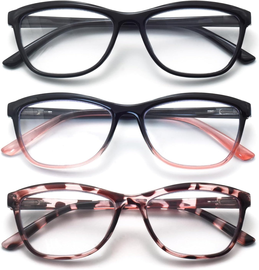 3-Pack Reading Glasses for Women Cat Eye Style Frame Blue Light Blocking Spring Hinge Readers