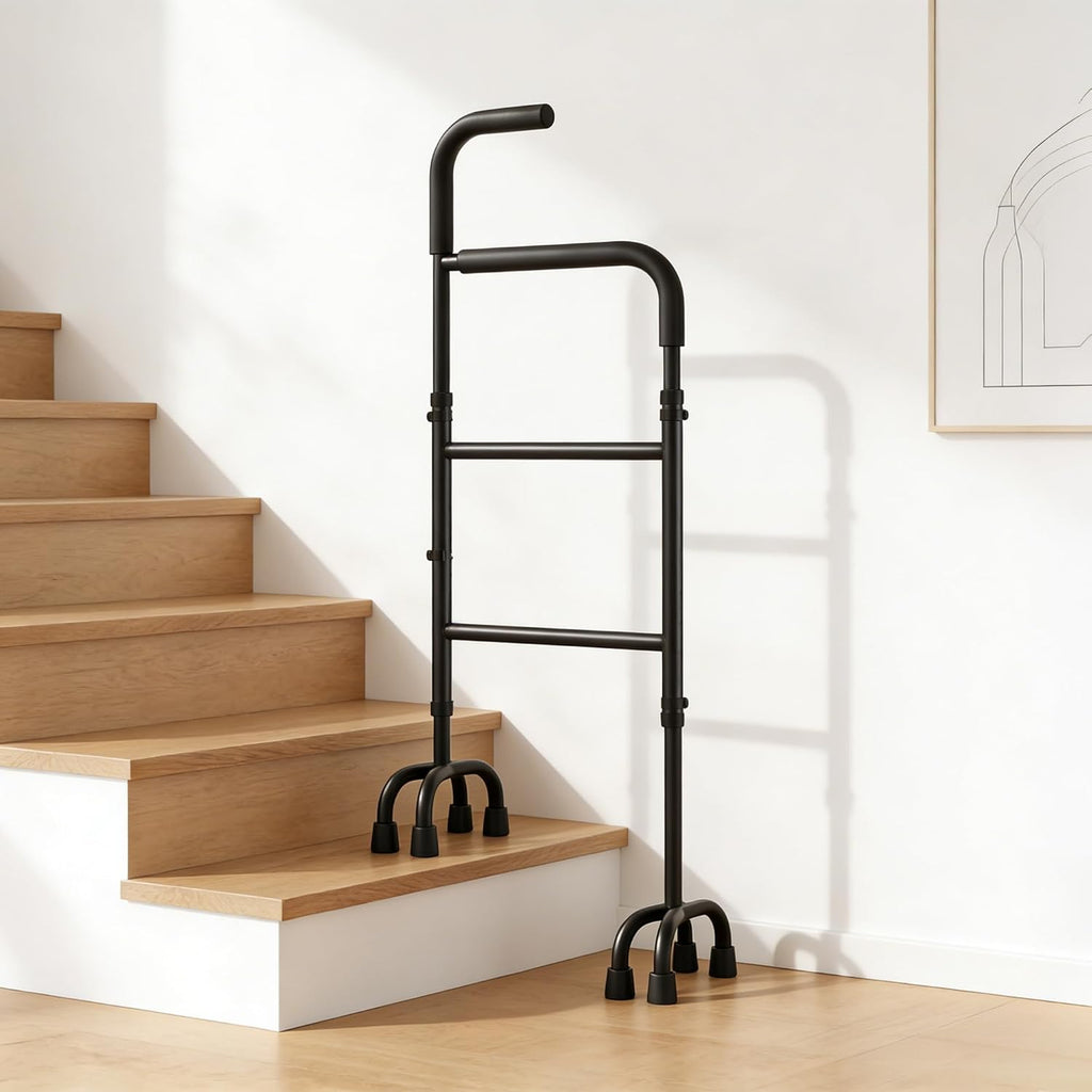 Stair Assist & Climbing Cane, 13-Level Adjustable with 8-Cylindrical Rubber Foot Pads & Ergonomic Handle, Carbon Steel Helper for Mobility Aids Users (Fits Stairs & Flat Surfaces)