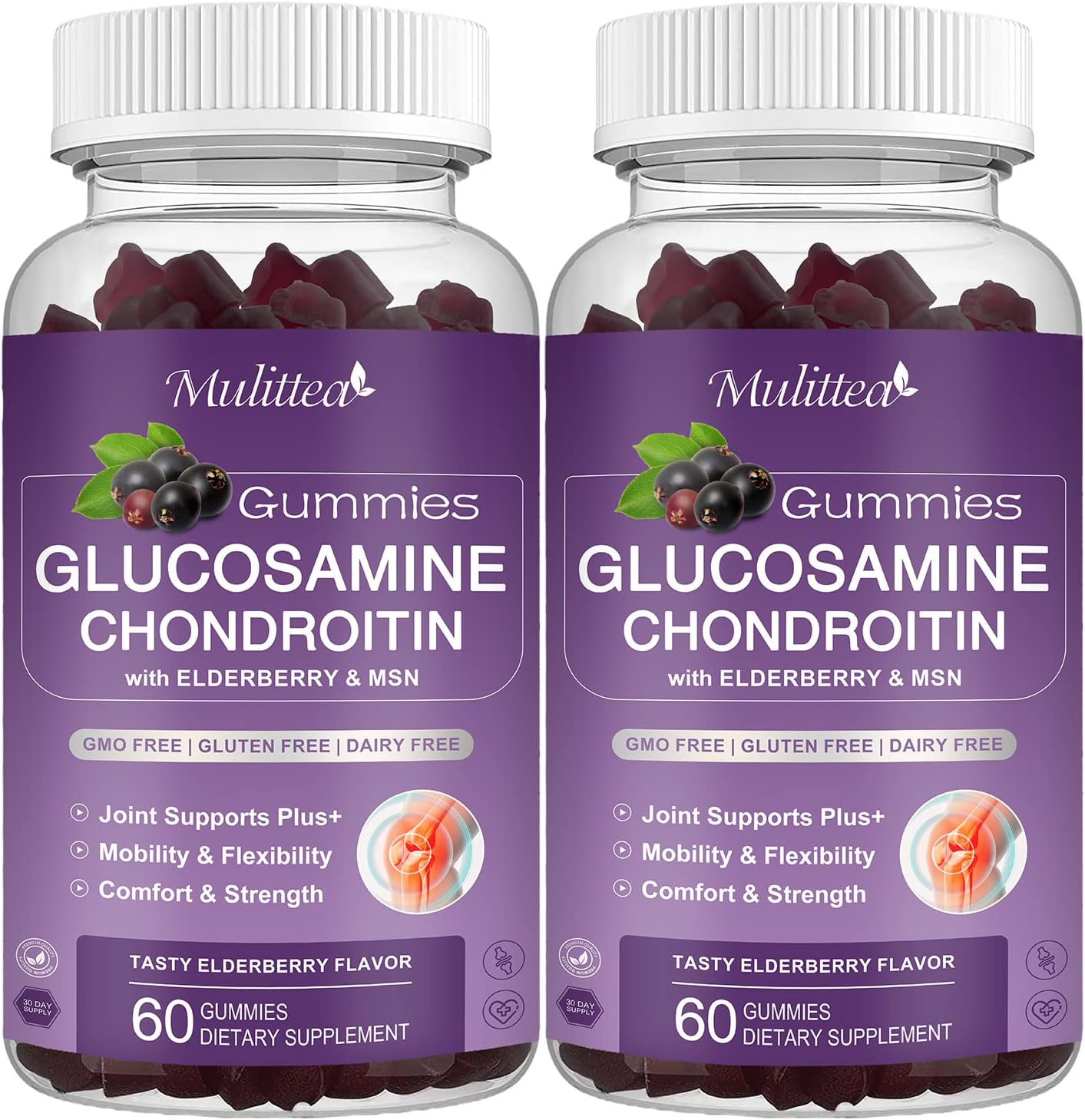 Mulittea Glucosamine Chondroitin Gummies - Extra Strength Joint Support Supplement with MSM & Elderberry for Natural Joint, Antioxidant Immune Support for Adults, Men & Women-(2 Pack)
