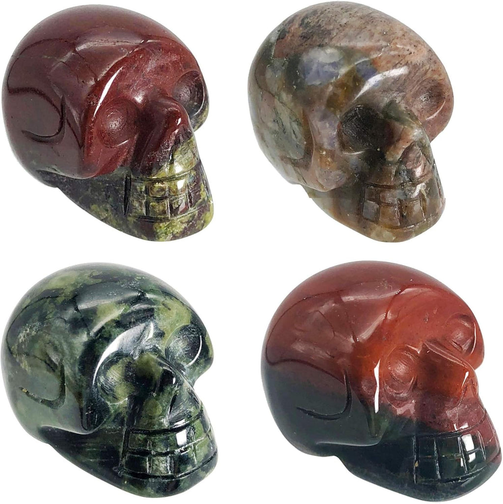 Fekuar 4Pcs Natural Dragon & Africa Bloodstone & Kambaba Jasper & Blue Rhyolite Hand Carved Stone Human Skull Statue Figurine Halloween Party Decoration, 1"(25mm)