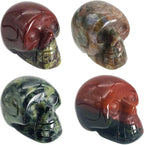 Fekuar 4Pcs Natural Dragon & Africa Bloodstone & Kambaba Jasper & Blue Rhyolite Hand Carved Stone Human Skull Statue Figurine Halloween Party Decoration, 1"(25mm)