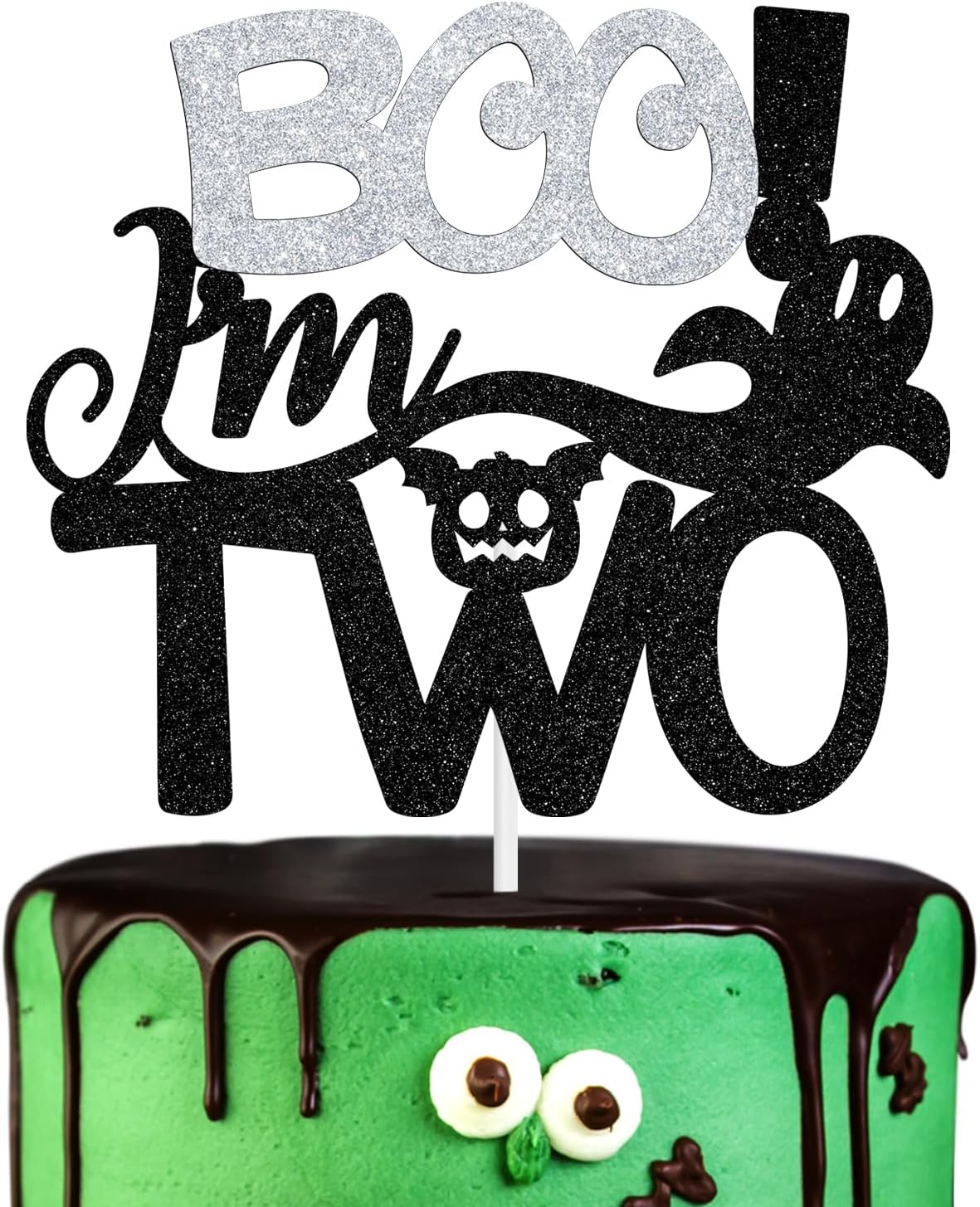 Boo I'm Two Cake Topper, The Spooky Two/Baby Boo, Halloween Themed Baby's 2nd/Baby Shower Party Decorations Supplies, Black Glitter