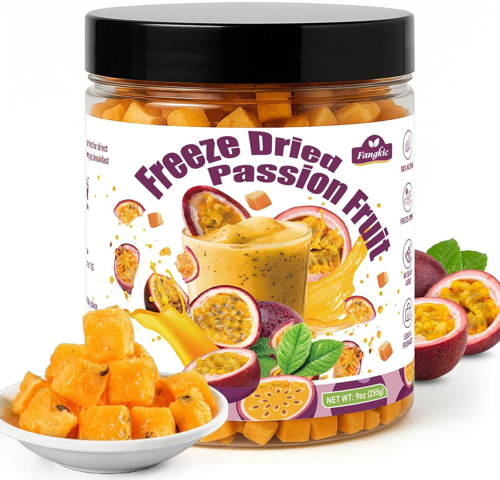 Fangkic Freeze Dried Passion Fruit 9 oz/255 g, 100% Natural, No Sugar or Additives, Frozen Passion Fruit Tea, Tart Freeze Dried Fruit, for Cake, Drink, Baking, Yogurt, Travel