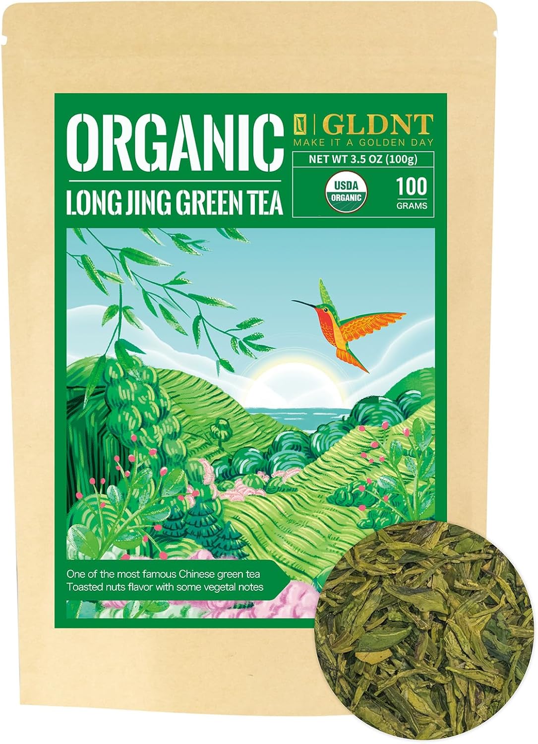 GLDNT Organic Green Tea Longjing, Premium Chinese Dragon Well Green Tea Loose Leaf, Fresh & Brisk Taste, 3.5oz/100g