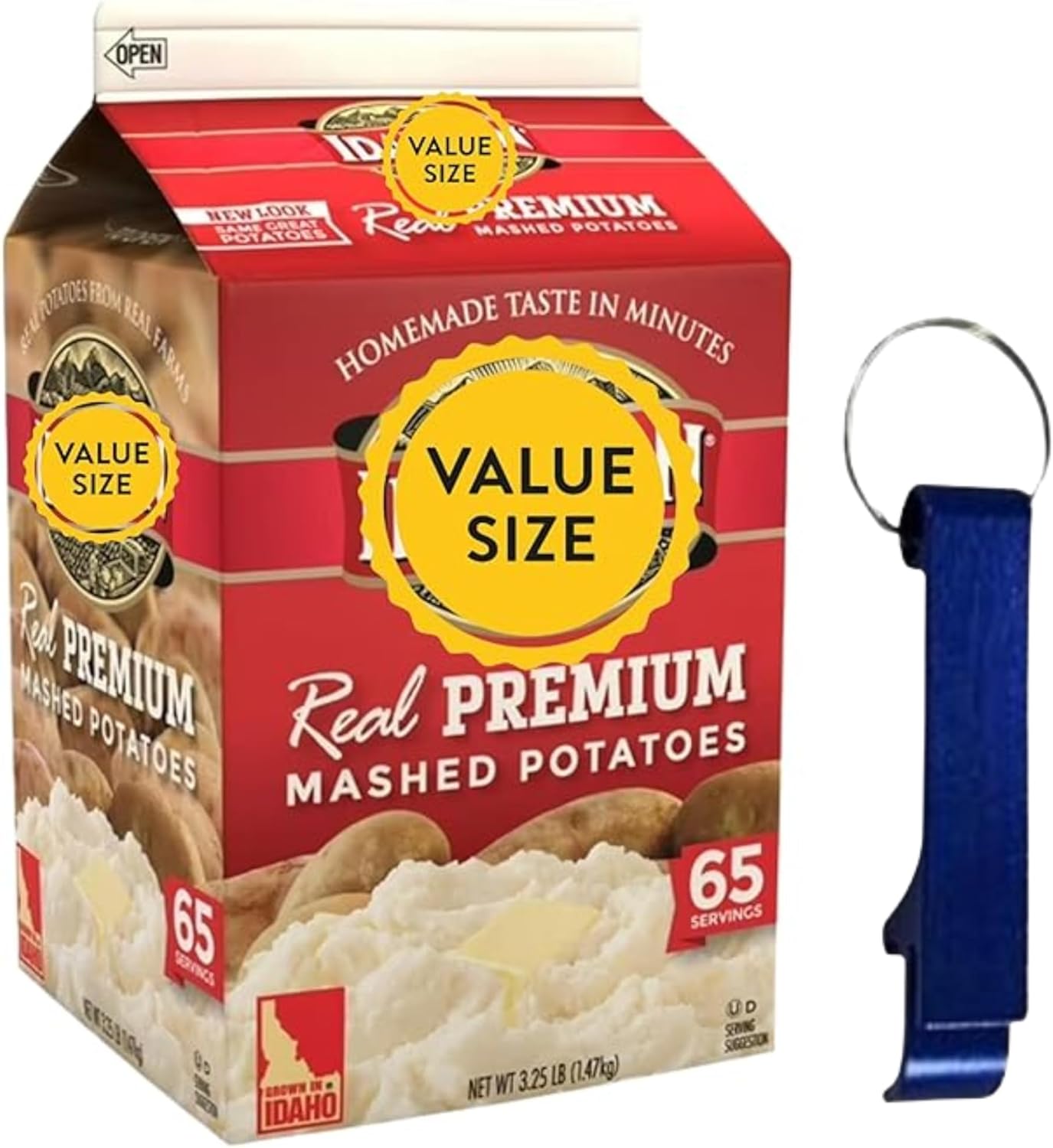 Premium Instant Mashed Potatoes, 3.25 lbs (Pack of 1) Bulk Carton Creamy Fluffy Potato Flakes for Easy Homemade Sides with K-Tech USA Bottle Opener Keychain (Mashed Potatoes) Keychain