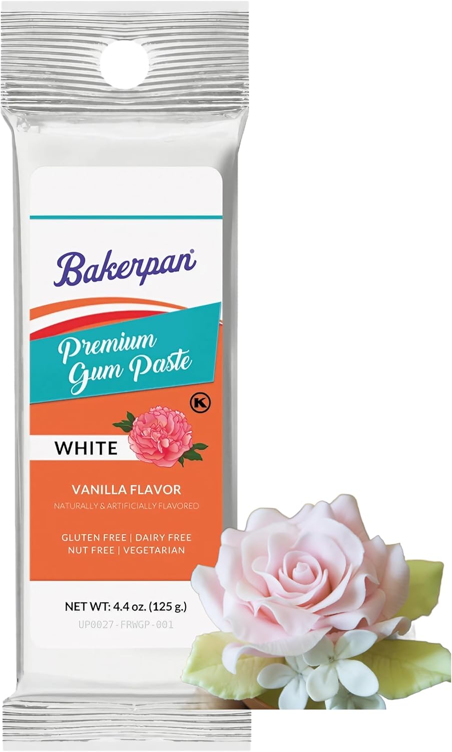 Bakerpan White Gum Paste for Cake Decorating, Create Flowers, Leaves, Elegant Ruffles - 4.4 Ounces, Vanilla Flavor (Made in USA)