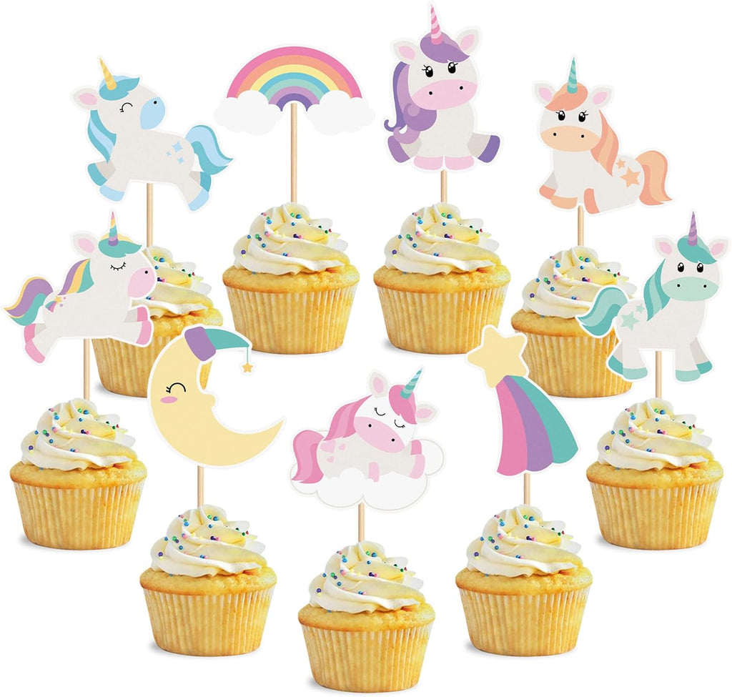 27 PCS Unicorn Cupcake Toppers Set, Pastel Rainbow and Moon Designs, Birthday Party Cake Decorations for Girls, Magical Theme Party Supplies (Style 1)
