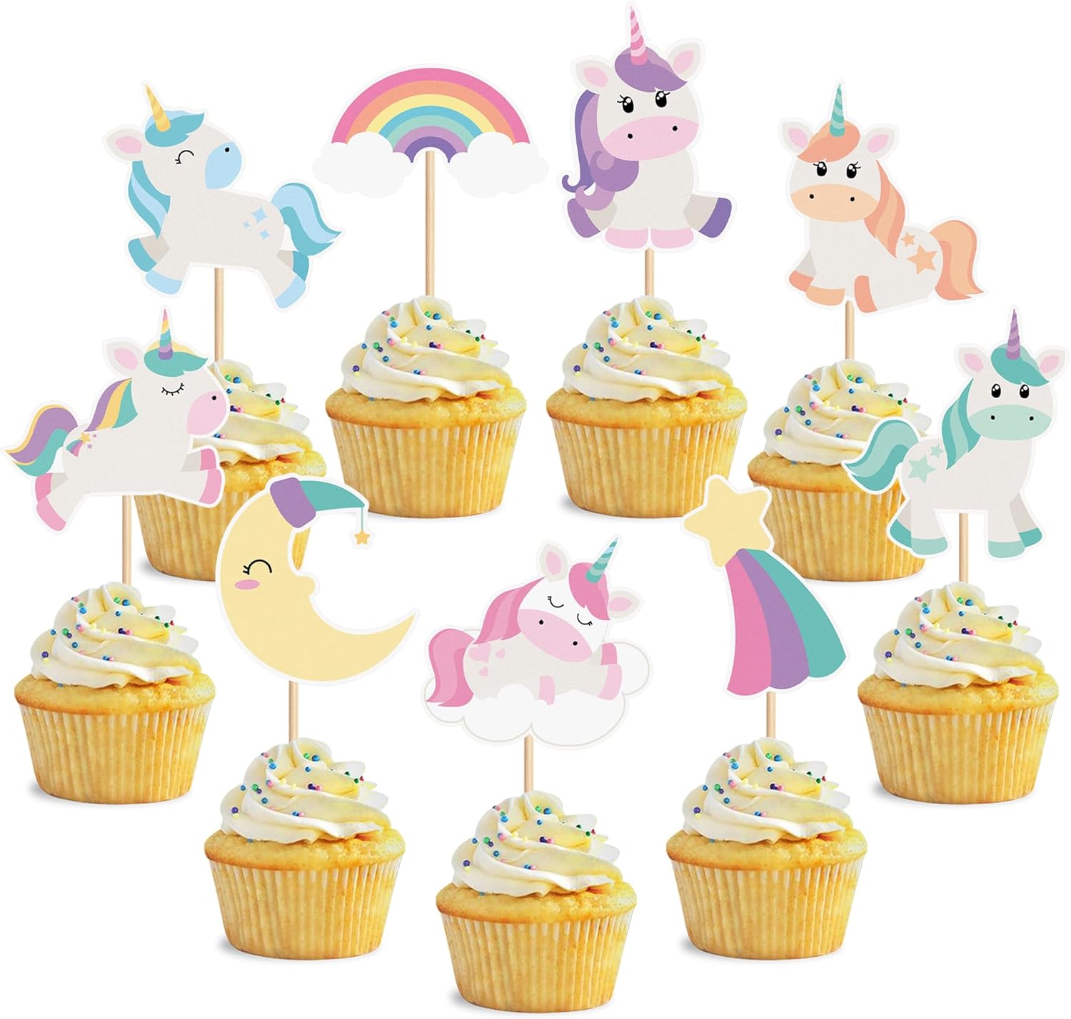 27 PCS Unicorn Cupcake Toppers Set, Pastel Rainbow and Moon Designs, Birthday Party Cake Decorations for Girls, Magical Theme Party Supplies (Style 1)