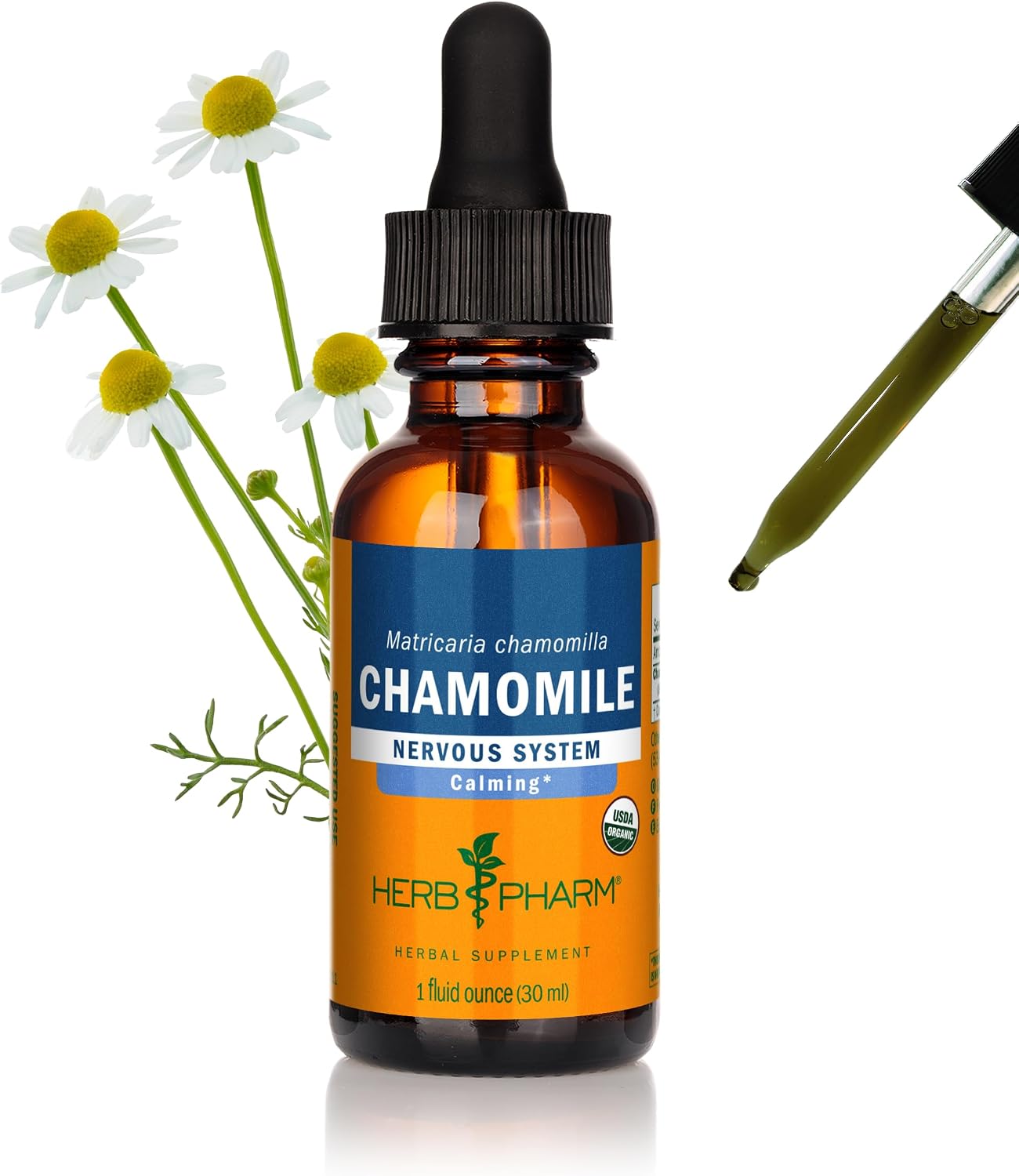 Herb Pharm Chamomile Liquid Extract: USDA Organic | Calming Nervous System Support, Stress Support Chamomile Supplement | Fast-Absorbing & Sugar-Free, Made with Organic Chamomile Flowers, 1 oz*