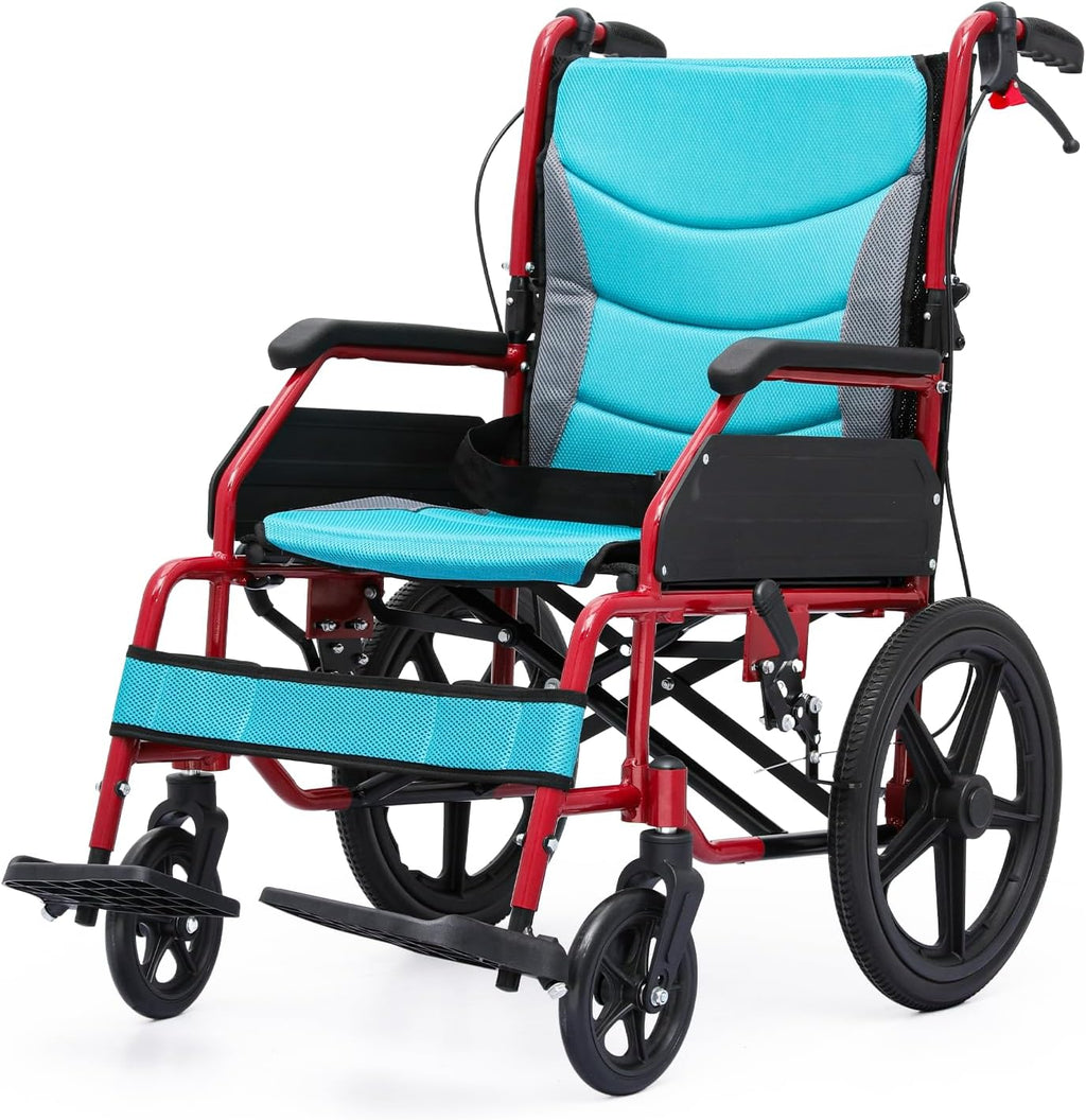 Magshion Foldable Transport Wheelchair for Adults 250 Lbs, Lightweight Transport Chair for Seniors, Portable Wheel Chair with Removable Cushion, Push-to-Lock & Hand Brakes, 17.5" Seat (Red Frame)