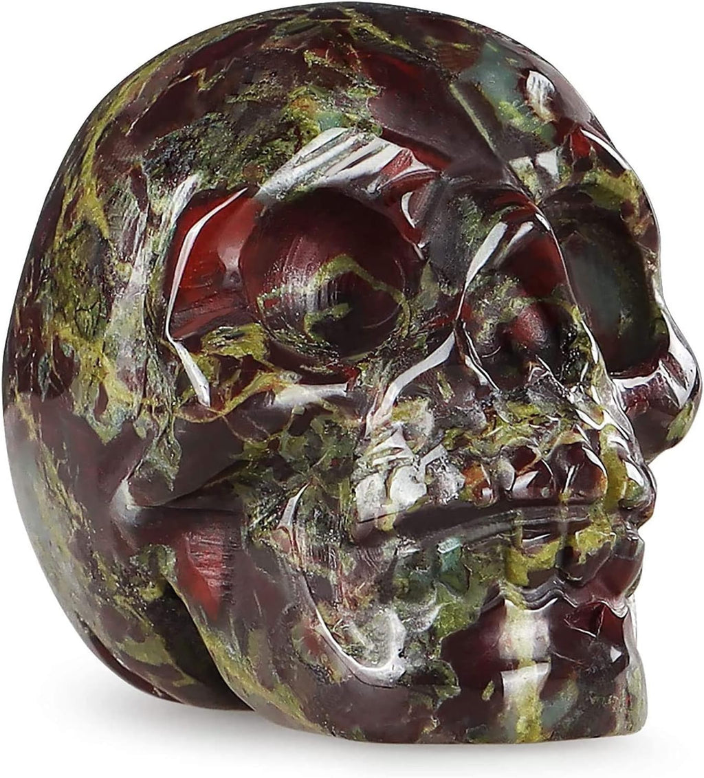 Artistone 2" Dragon Bloodstone Crystal Skull Statue,Hand Carved Healing Gemstone Human Skull Head Art Figurine for Halloween Decor, Home Office Decoration, Haunted House with Gift Box