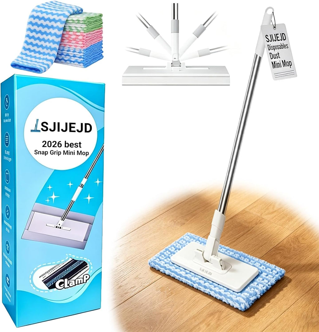 Snap Grip Mini Mop with Cloth Changing, Lazy Mop with Automatic Gripping, Convenient Zero-Touch Set, Portable Self-Squeeze, Small, Easy Cleaning for Home (with 5 Reusable Cloths)