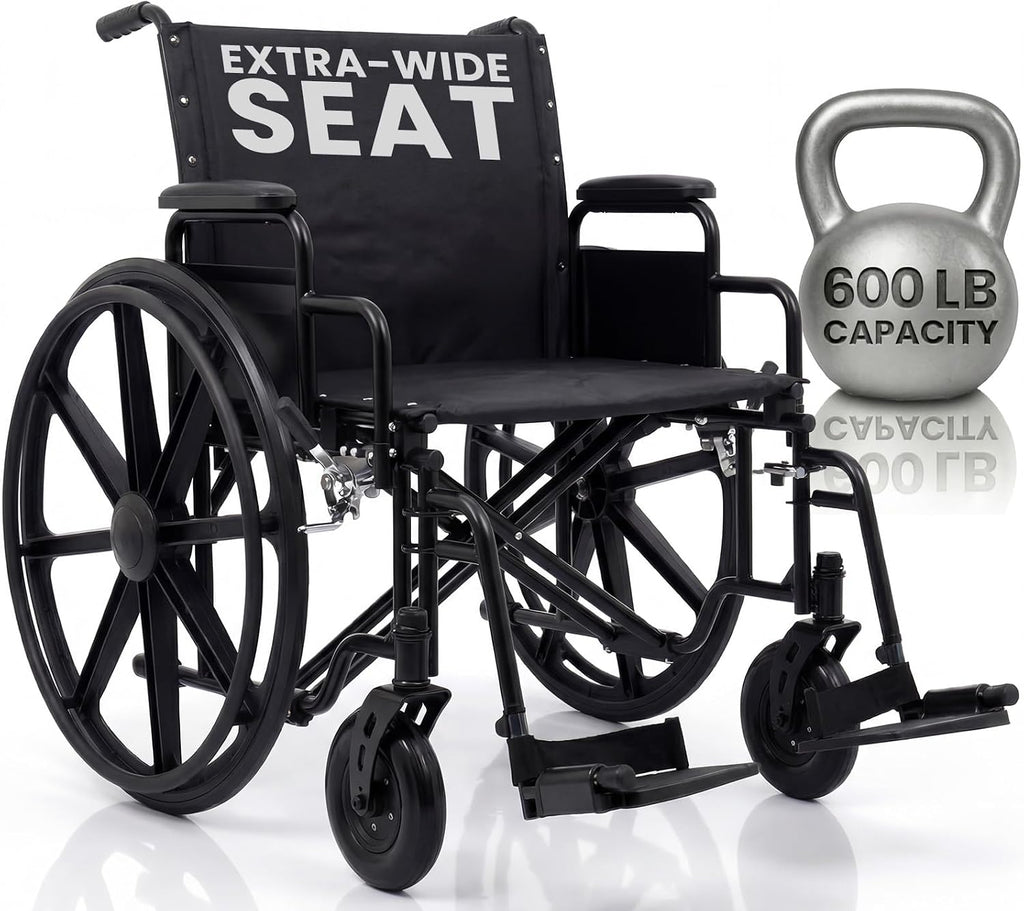Vive Extra-Wide Bariatric Wheelchair for Adults (600 LB Capacity) Foldable, Heavy Duty, Manual & Transport Wheel Chair - Portable Senior Drive Travel Scooter for Elderly Transfers (28" Seat)