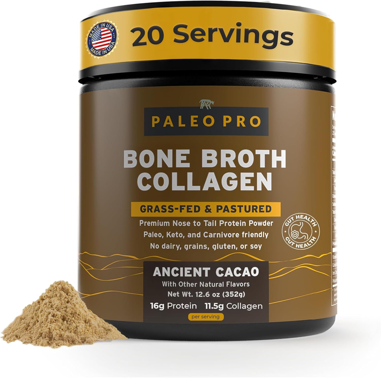 PaleoPro Bone Broth Collagen Protein Powder - Turmeric Root Grass-Fed Collagen Powder for Skin & Bones - Gluten Free, No Sugar, Soy, Grains, Net Carbs - Paleo & Keto Friendly 20 Servings Ancient Cacao