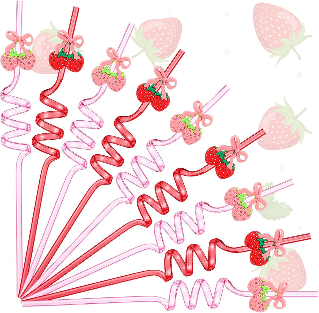 24 Pcs Pink Bow Strawberry Straws Bow Strawberry Birthday Party Decor 10.4'' Reusable Plastic Drinking Straws for Summer Berry Sweet Fruit Birthday Bridal Baby Shower Wedding Party Supplies