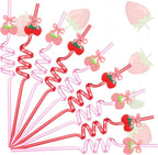 24 Pcs Pink Bow Strawberry Straws Bow Strawberry Birthday Party Decor 10.4'' Reusable Plastic Drinking Straws for Summer Berry Sweet Fruit Birthday Bridal Baby Shower Wedding Party Supplies