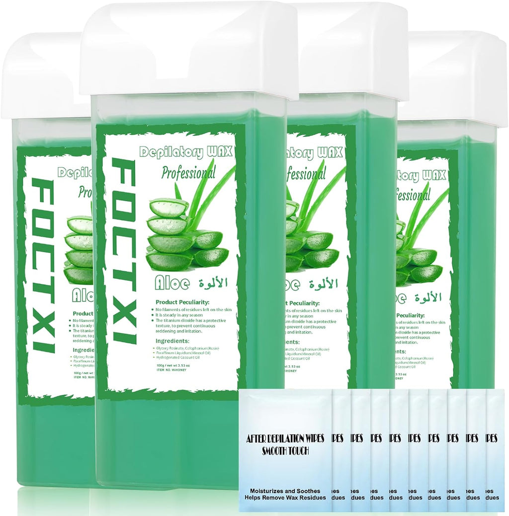 Roll on Wax Cartridge, 4 Hair Removal Aloe Vera Ｗax Cartridge with 10 Pack Cleaning Oil Wipes, Depilatory Wax Roller Refill for Women Sensitive Skin