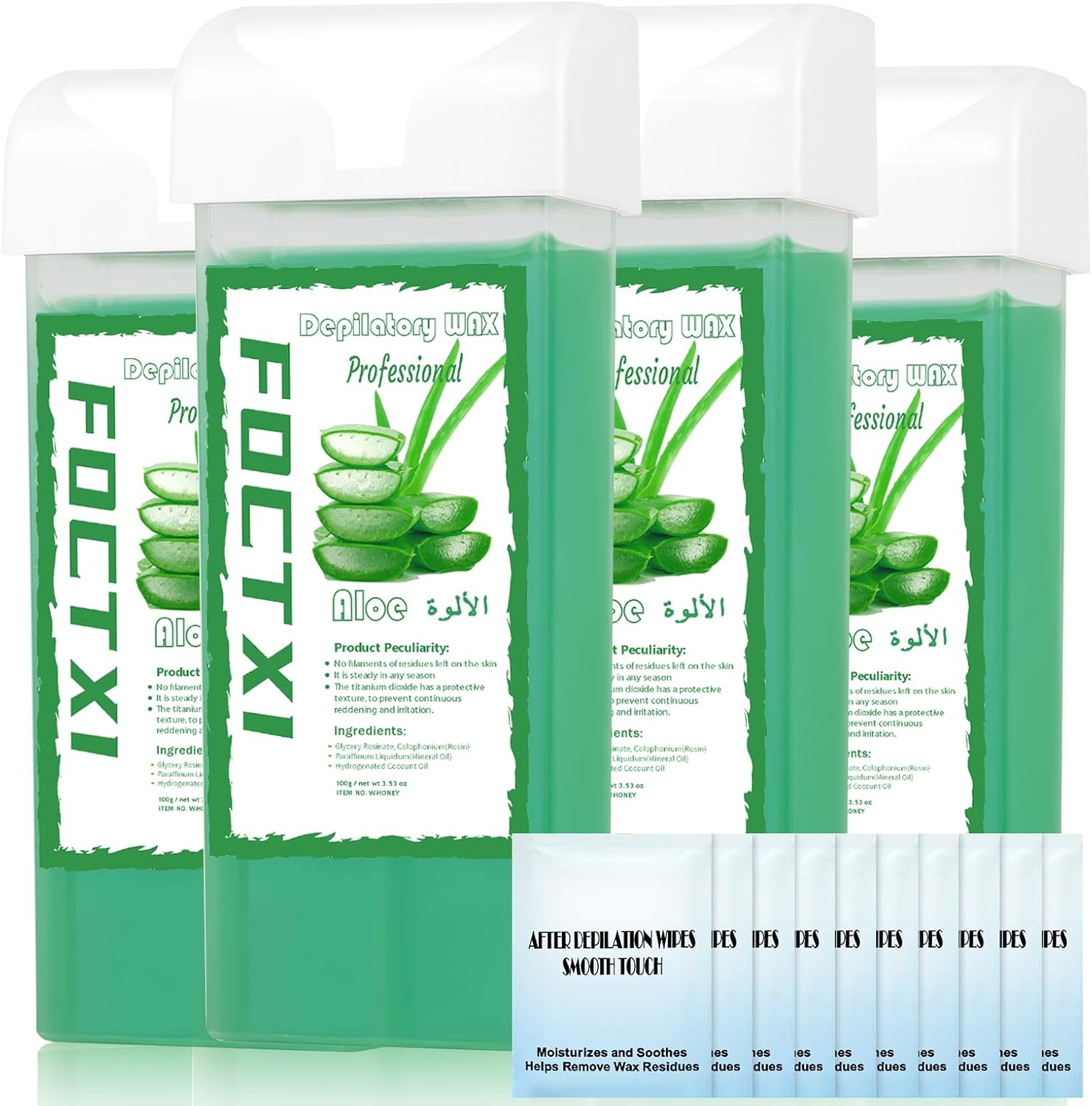 Roll on Wax Cartridge, 4 Hair Removal Aloe Vera Ｗax Cartridge with 10 Pack Cleaning Oil Wipes, Depilatory Wax Roller Refill for Women Sensitive Skin