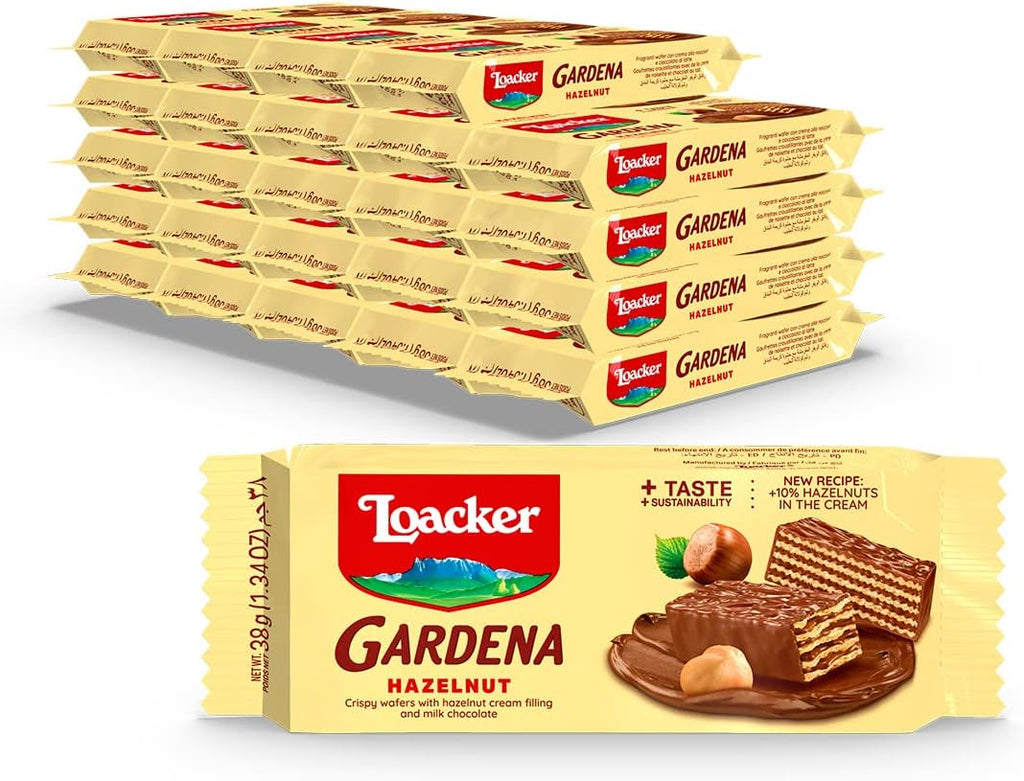 Loacker Gardena Hazelnut - Premium Milk Chocolate Covered Crispy Wafer Snack Bars with Hazelnut Cream Filling - Pack of 25 individually wrapped snacks