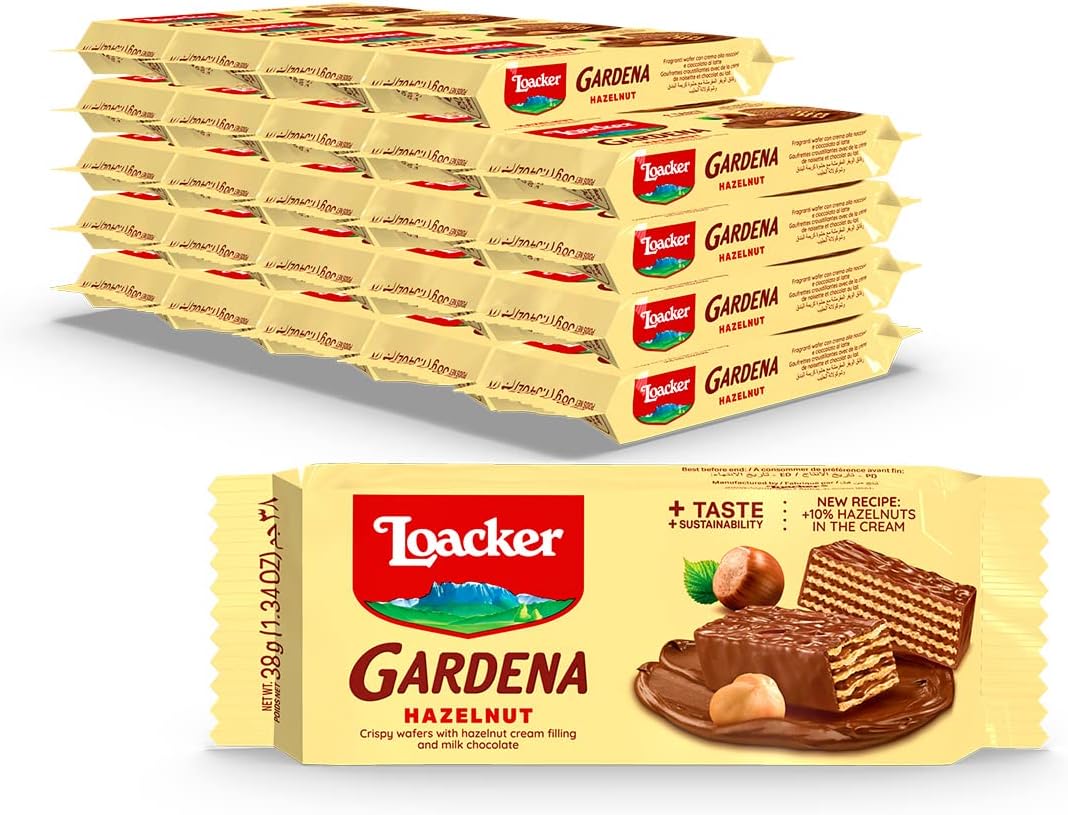 Loacker Gardena Hazelnut - Premium Milk Chocolate Covered Crispy Wafer Snack Bars with Hazelnut Cream Filling - Pack of 25 individually wrapped snacks