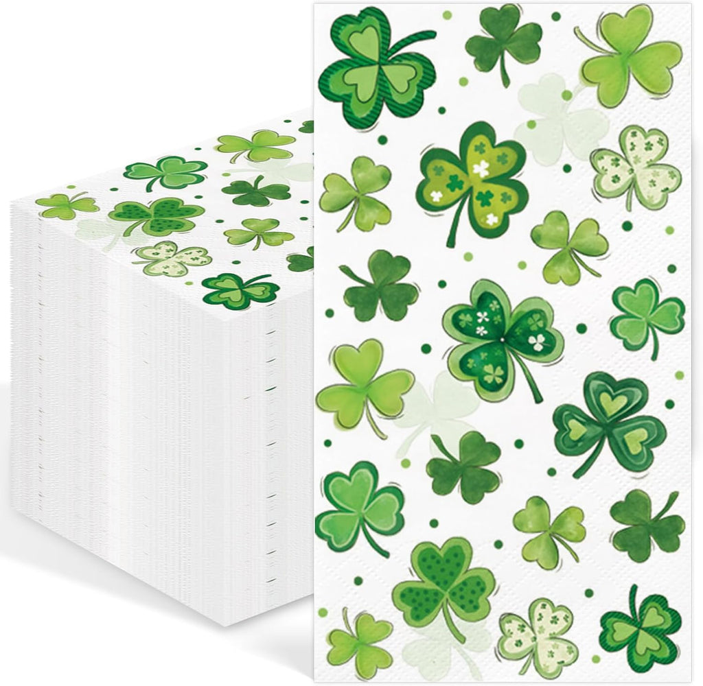 100 Pcs St. Patrick's Day Guest Napkins Green Shamrock 3 Ply Disposable Hand Paper Towels Lucky Clover Decorative Dinner Napkins for Holiday Birthday Spring Irish Party Table Supplies