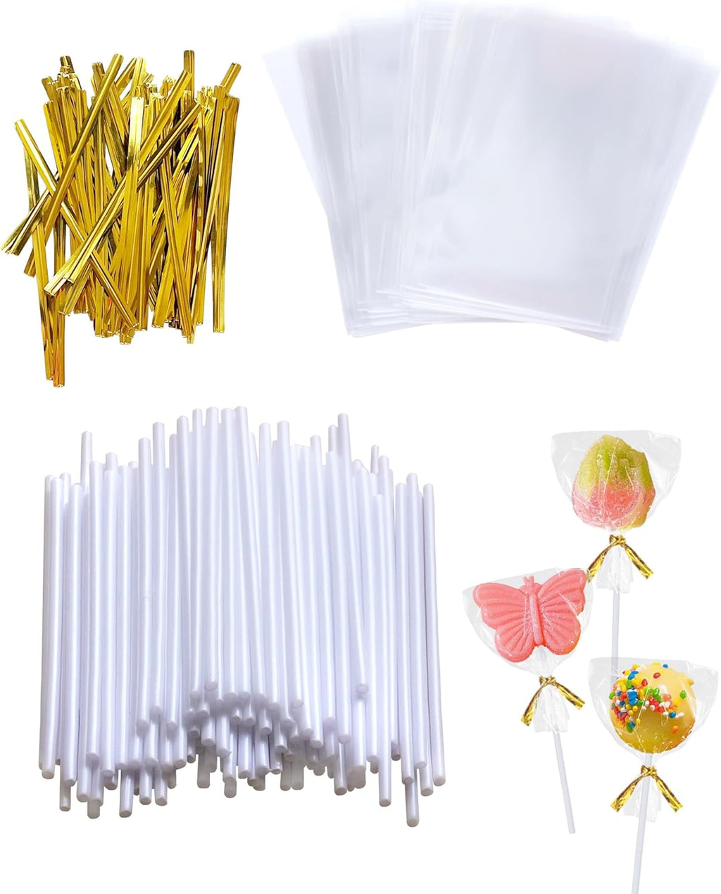 6-inch Plastic Cake Pop Sticks and Bags Kit, White Lollipop Sticks for Candy, Chocolate, Cakepop Accesories including 100 Sticks, 100 Bags, 100 Ties (Gold)