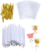 6-inch Plastic Cake Pop Sticks and Bags Kit, White Lollipop Sticks for Candy, Chocolate, Cakepop Accesories including 100 Sticks, 100 Bags, 100 Ties (Gold)