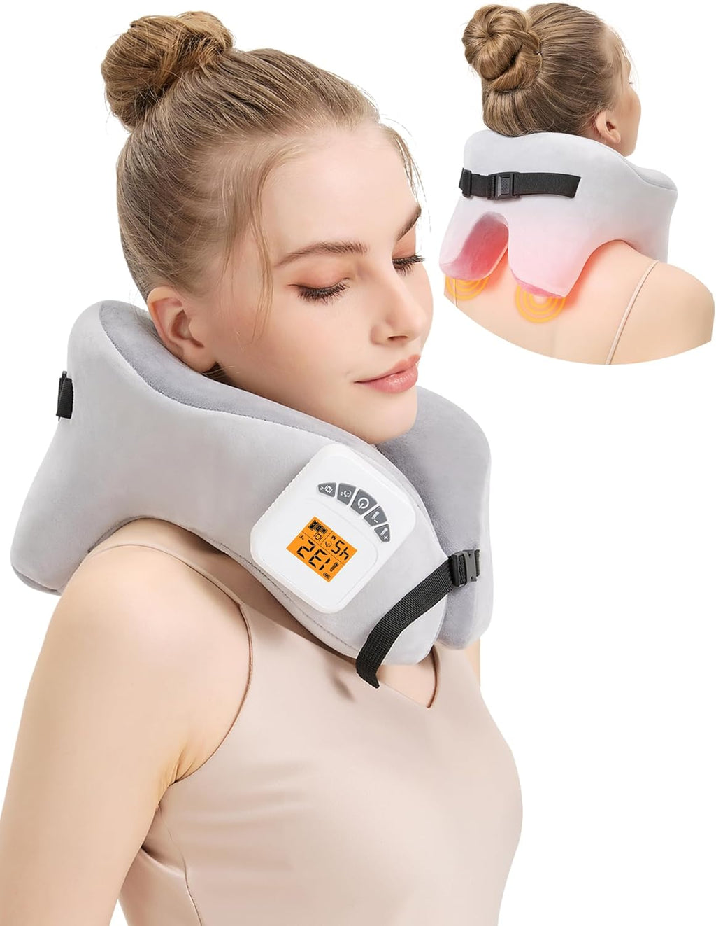 AOBOCO Cordless Neck Massager with Heat, 5000mAh Rechargeable Heated Neck Pillow for Travel Neck Relax, Portable Neck Support Pillow for Pain Relief at Home, 104℉-140℉ Heat Levels, 3 Vibration Modes