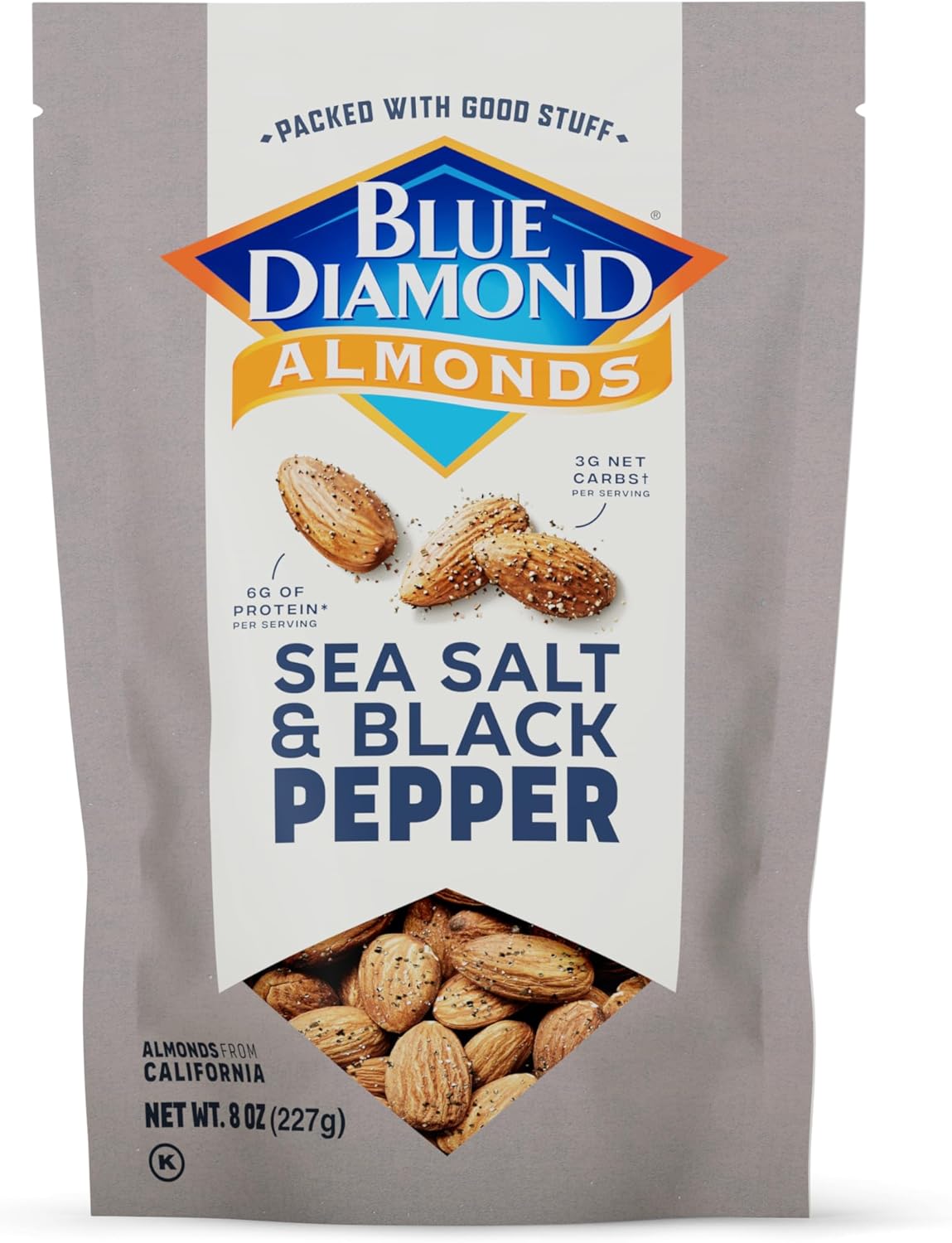 Blue Diamond Almonds, Premium Sea Salt and Black Pepper Flavored Snack Nuts Perfect Mix for Lunches or On-The-Go for Healthy Snacking, 8 Ounce (Pack of 1)