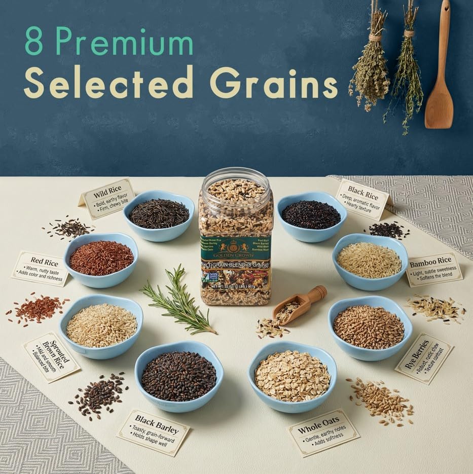 Golden Crown Wild Rice Blend - 8-in-1 Multigrain Blend w/Red, Black Barley, Bamboo, Wild Rice Mix & More - GMO-Free - Perfect for Bowls, Pilafs, Soups, Stir-Fries & Meal Prep, 32 oz (2 lb)