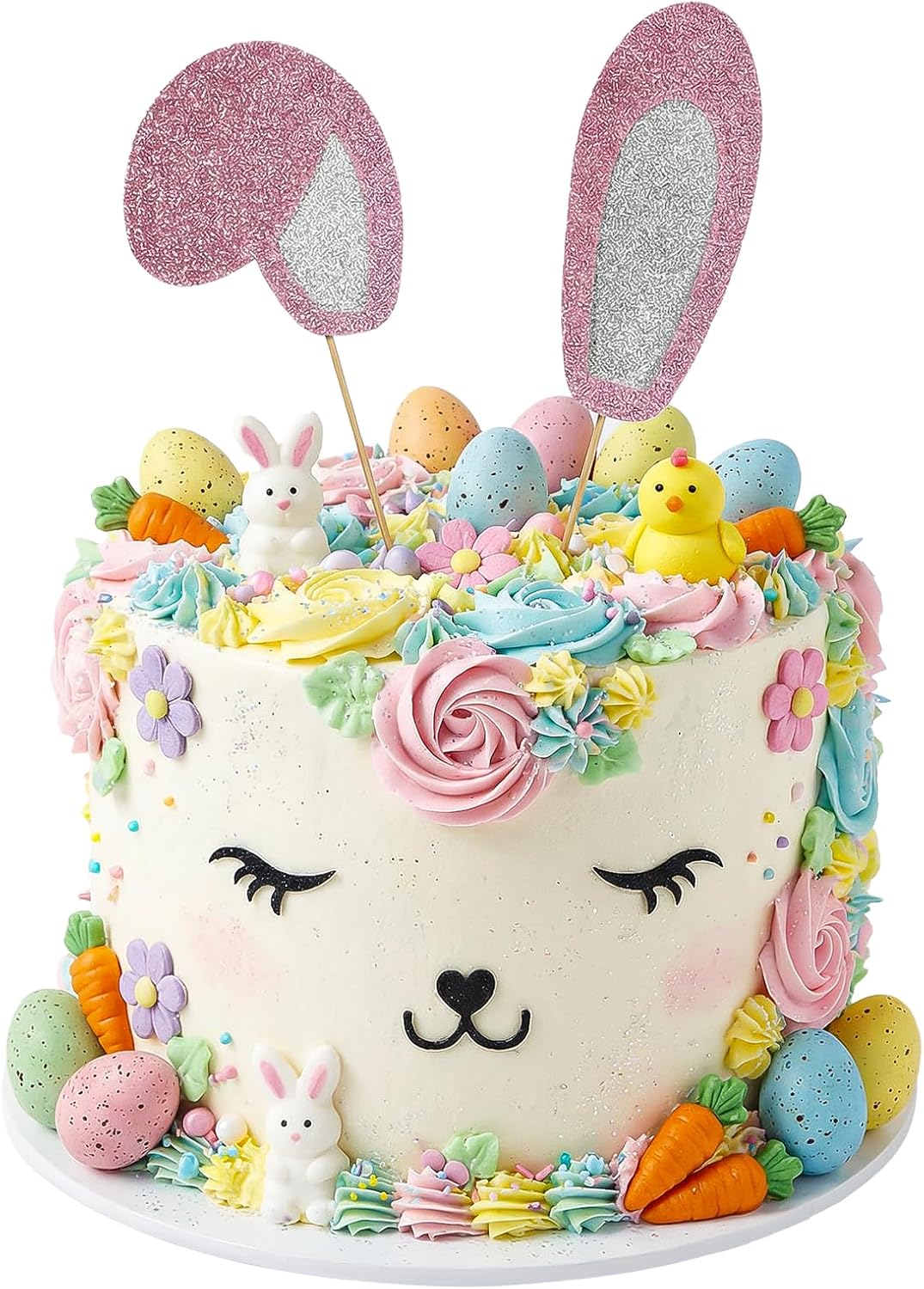 5PCS Easter Bunny Cake Topper Set Includes Ears Eyelashes Nose, Cute Bunny Ears Cake Topper Decorations, Happy Easter Day Rabbit Ear Cakes Decorations for Easter-Day, Birthday Party, Baby Shower